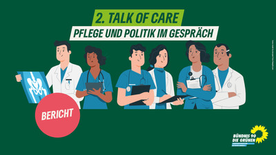 KI generiert: Das Bild zeigt eine Gruppe von medizinischem Fachpersonal vor einem grünen Hintergrund mit dem Schriftzug "2. Talk of Care: Pflege und Politik im Gespräch". Es bezieht sich auf ein Event von Bündnis 90/Die Grünen zum Thema Pflege.