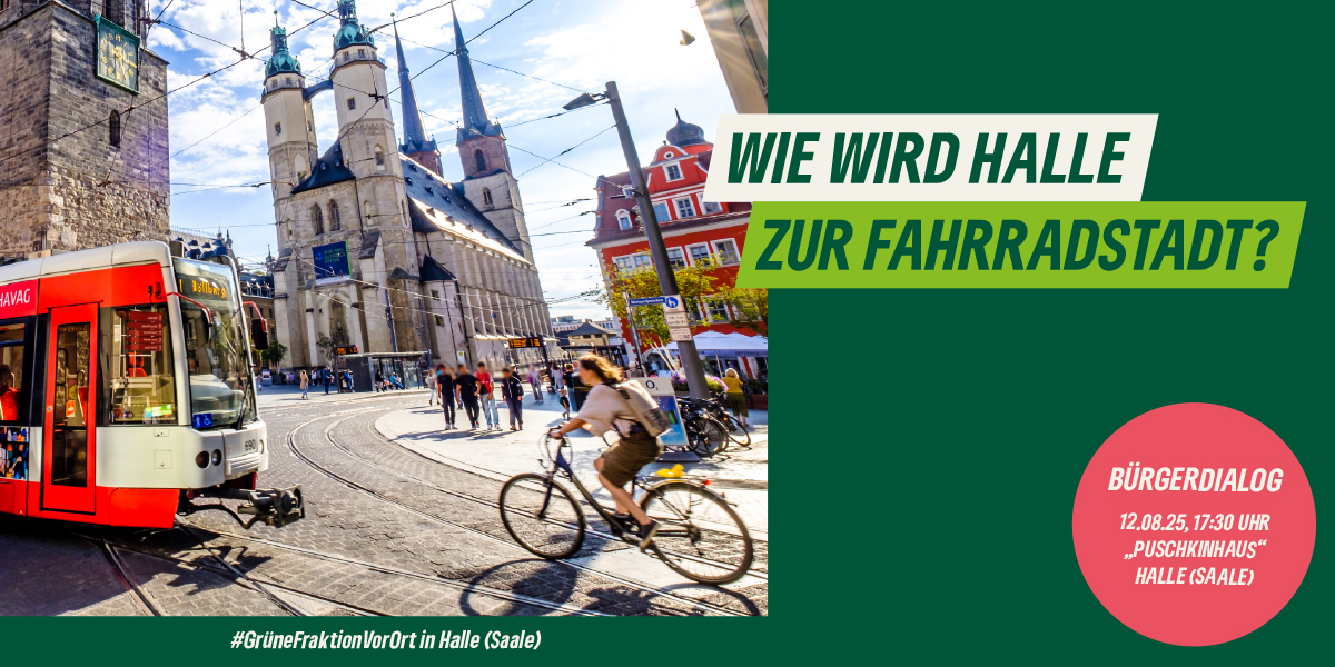 KI generiert: Das Bild zeigt eine Straßenszene in Halle (Saale) mit einer Straßenbahn und einem Fahrradfahrer im Vordergrund. Der Text thematisiert die Frage, wie Halle zur Fahrradstadt werden kann, und weist auf einen Bürgerdialog am 12.08.25 hin.
