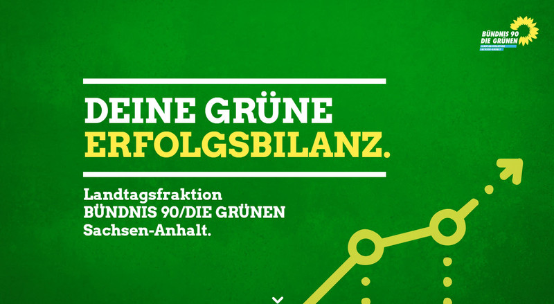 Das Bild zeigt eine grüne Grafik mit einem aufsteigenden Diagrammpfeil und dem Text "DEINE GRÜNE ERFOLGSBILANZ" sowie den Hinweis auf die Landtagsfraktion BÜNDNIS 90/DIE GRÜNEN Sachsen-Anhalt. Es erscheint als visuelle Darstellung der Erfolge dieser politischen Gruppe.