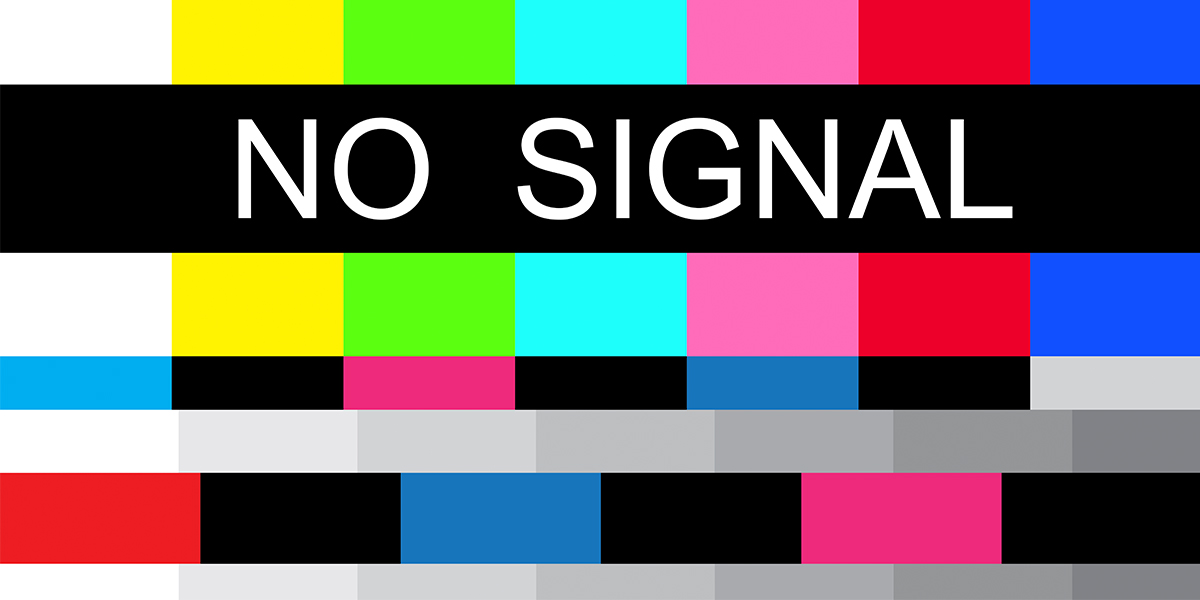 KI generiert: Das Bild zeigt ein Testbild mit bunten vertikalen Balken in verschiedenen Farben und den Worten "NO SIGNAL" in der Mitte. Es signalisiert, dass kein Eingangssignal für den Bildschirm vorhanden ist.