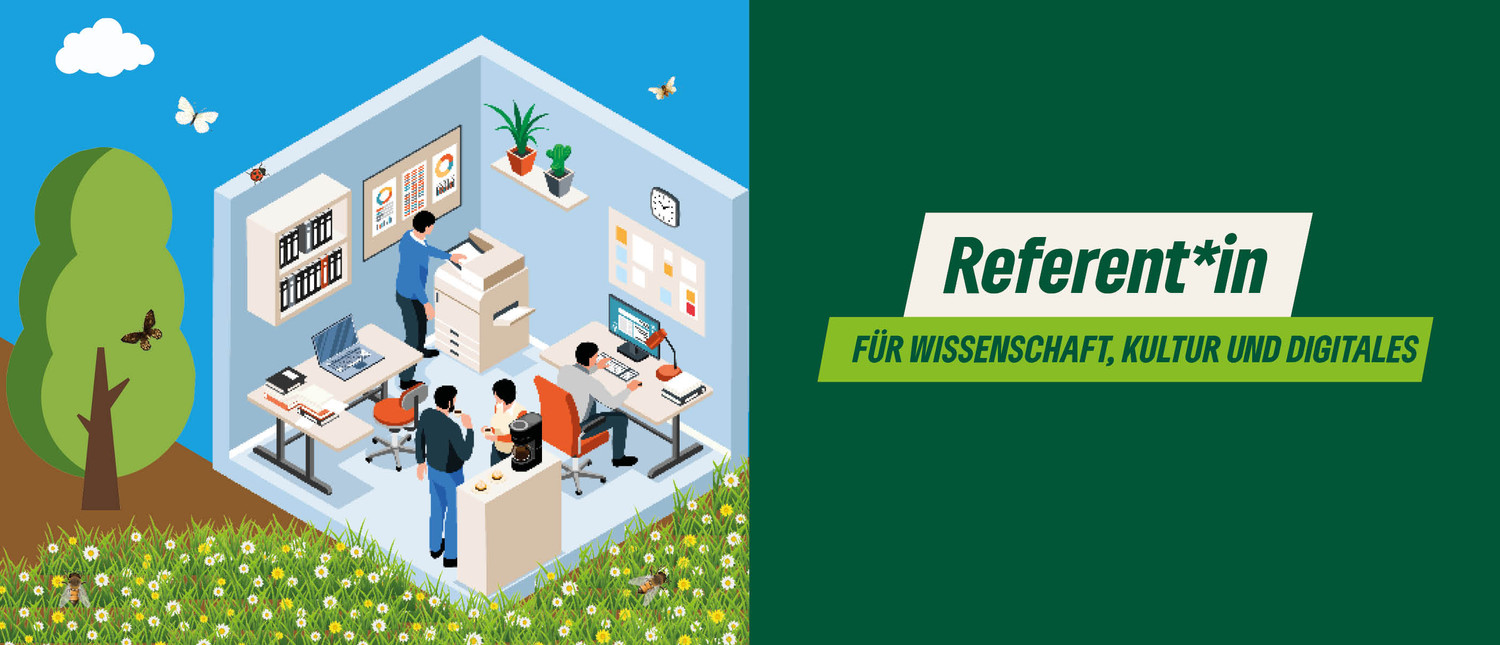 KI generiert: Das Bild zeigt eine illustrierte Szene mit einem modernen Büro in einer natürlichen Umgebung, in dem mehrere Personen arbeiten. Der Hauptinhalt ist die Bewerbung von "Referent*in für Wissenschaft, Kultur und Digitales".