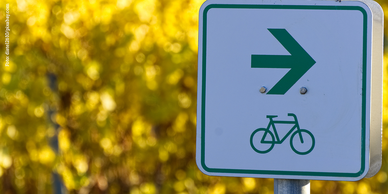 Ein weiß-grünes Schild weißt mittels grünem Pfeil und Fahrrad-Piktogramm auf einen Fahrradweg hin.