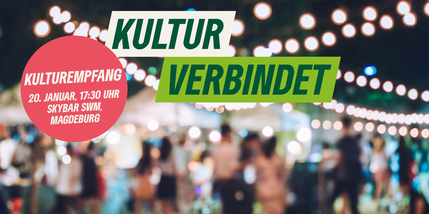 KI generiert: Das Bild wirbt für eine Veranstaltung namens "Kulturempfang" am 20. Januar um 17:30 Uhr in der Skybar SWM in Magdeburg. Im Hintergrund sind verschwommene Lichter und Menschen, die eine festliche Atmosphäre schaffen.