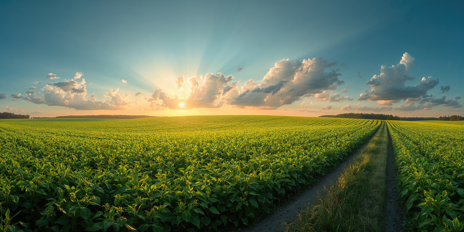 KI generiert: Das Bild zeigt ein weites landwirtschaftliches Feld mit einer Pflanzung, die sich bis zum Horizont erstreckt, beleuchtet von der untergehenden Sonne. Der Himmel ist mit einigen Wolken bedeckt, und die Sonnenstrahlen sorgen für eine idyllische Atmosphäre.