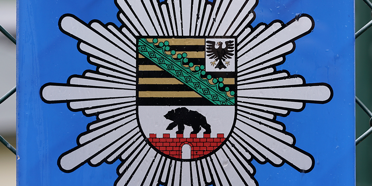 KI generiert: Das Bild zeigt das Wappen von Sachsen-Anhalt auf einem blauen Hintergrund mit einer stilisierten Polizeisonne. Im Wappen sind ein Bär, ein Adler und Streifen zu sehen.