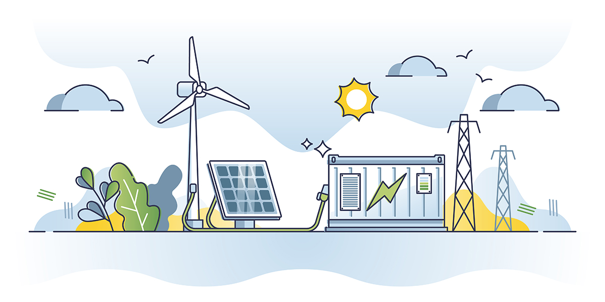 KI generiert: Das Bild zeigt eine Illustration von nachhaltiger Energieproduktion mit einem Windrad, Solarpanel und Energiespeicher. Im Hintergrund sind Strommasten, Sonnenlicht und Pflanzen zu sehen, die eine umweltfreundliche Energiezukunft darstellen.
