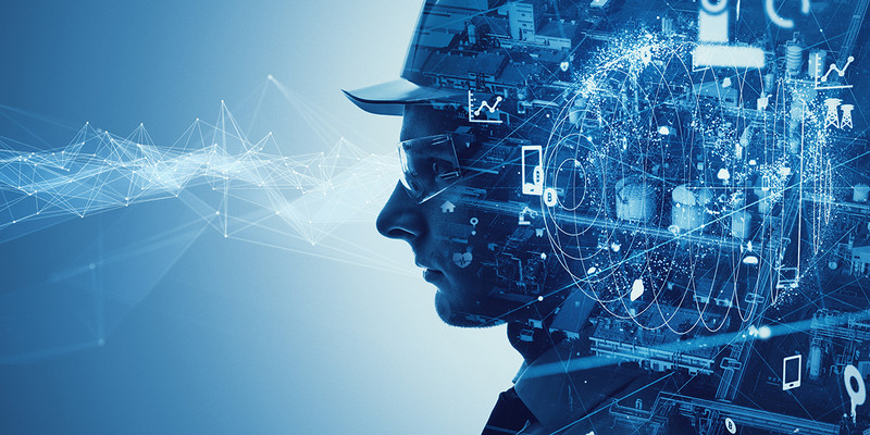 KI generiert: Das Bild zeigt das Profil eines Menschen mit Helm, dessen Silhouette von technischen und digitalen Elementen durchzogen ist. Der Hauptinhalt thematisiert die Verbindung von Mensch und Technologie, symbolisiert durch Daten und technische Symbole.