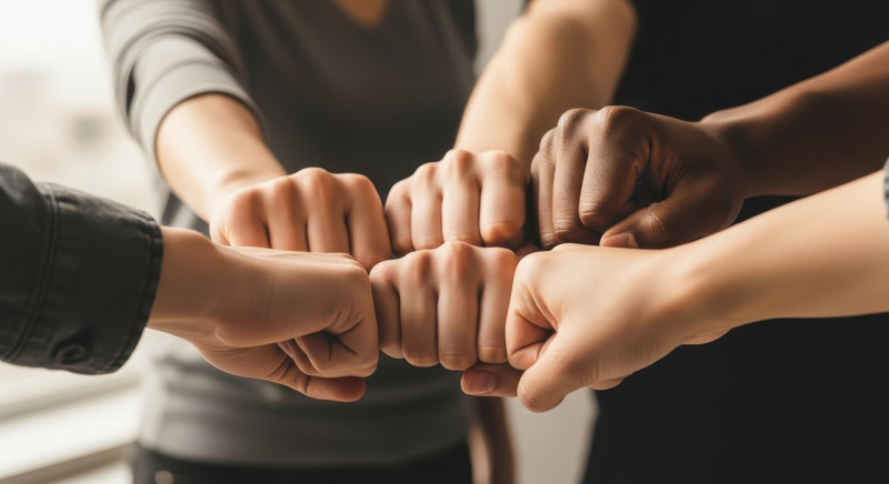 KI generiert: Das Bild zeigt mehrere Hände, die sich zur Faust geschlossen haben und in der Mitte zusammenstoßen, was Solidarität und Teamgeist symbolisiert. Die Kombination verschiedener Hauttöne deutet auf Vielfalt und Zusammenarbeit hin.