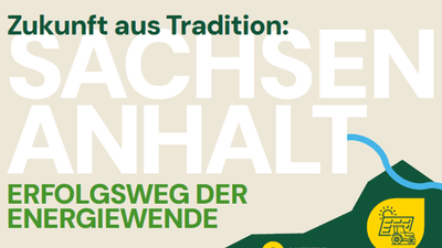 KI generiert: Das Bild wirbt für die Energiewende in Sachsen-Anhalt und betont dabei Tradition und Erfolg. Im Vordergrund stehen die Begriffe "Zukunft aus Tradition" und "Erfolgsweg der Energiewende".
