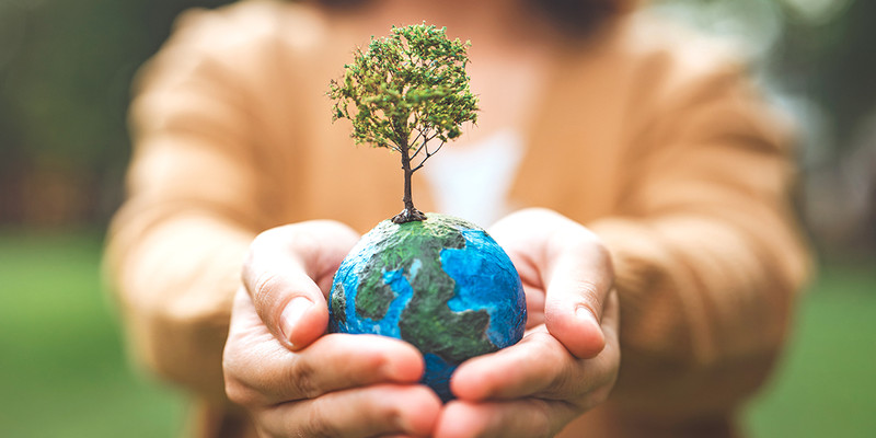 KI generiert: Das Bild zeigt eine Person, die eine kleine Erdkugel mit einem darauf wachsenden Baum in den Händen hält. Es symbolisiert Umweltschutz und Nachhaltigkeit.