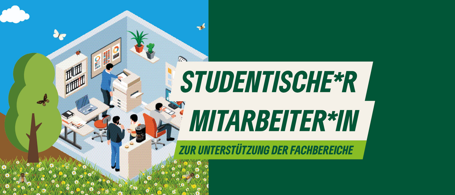 KI generiert: Das Bild zeigt eine Illustration von Studierenden und Mitarbeiter*innen in einem Büro, die gemeinsam an Projekten arbeiten, begleitet von dem Text "STUDENTISCHE*R MITARBEITER*IN ZUR UNTERSTÜTZUNG DER FACHBEREICHE". Der Hauptinhalt des Bildes ist die Bewerbung oder Anzeige für studentische Mitarbeiter*innen zur Unterstützung in verschiedenen Fachbereichen.
