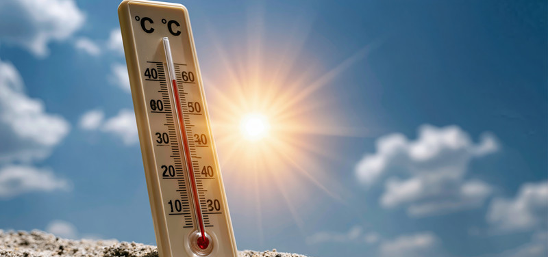 KI generiert: Das Bild zeigt ein Thermometer in der prallen Sonne, das über 30 Grad Celsius anzeigt. Der Himmel ist blau mit einigen Wolken, während die Sonne hell scheint.